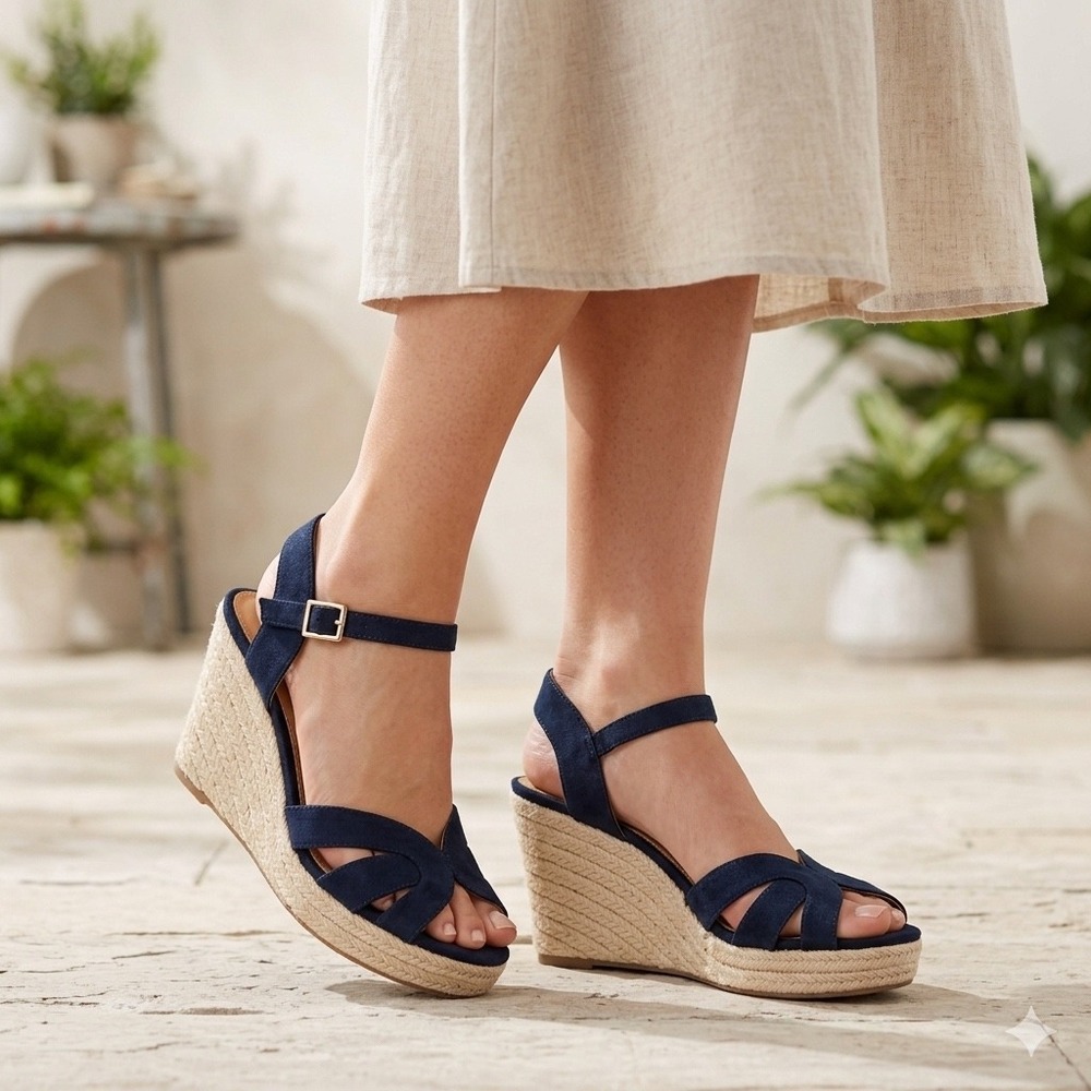 American Eagle Womens Size 9 Navy Blue Espadrille Wedge Sandals Open Toe Chic